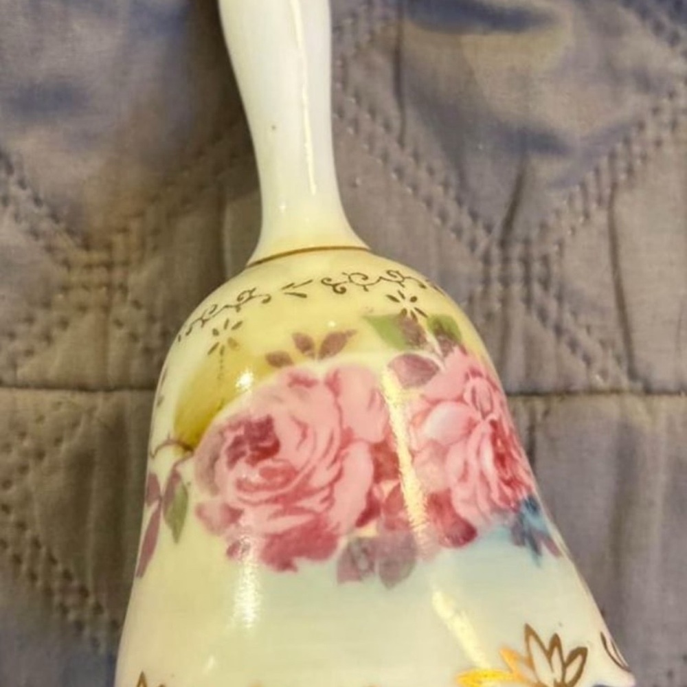 Vintage Floral Porcelain Bell with Pink Roses